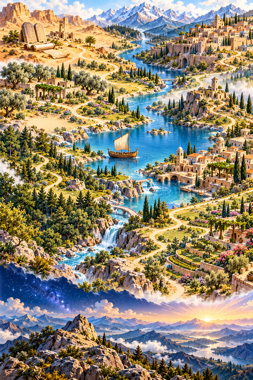 Illustrated Bible Map terrain with winding paths, rivers, mountains, and ancient towns