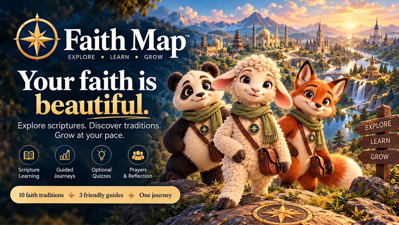 Scout, Ember, and Pax — your Faith Map guides — standing before a landscape of world faith traditions. Your faith is beautiful.