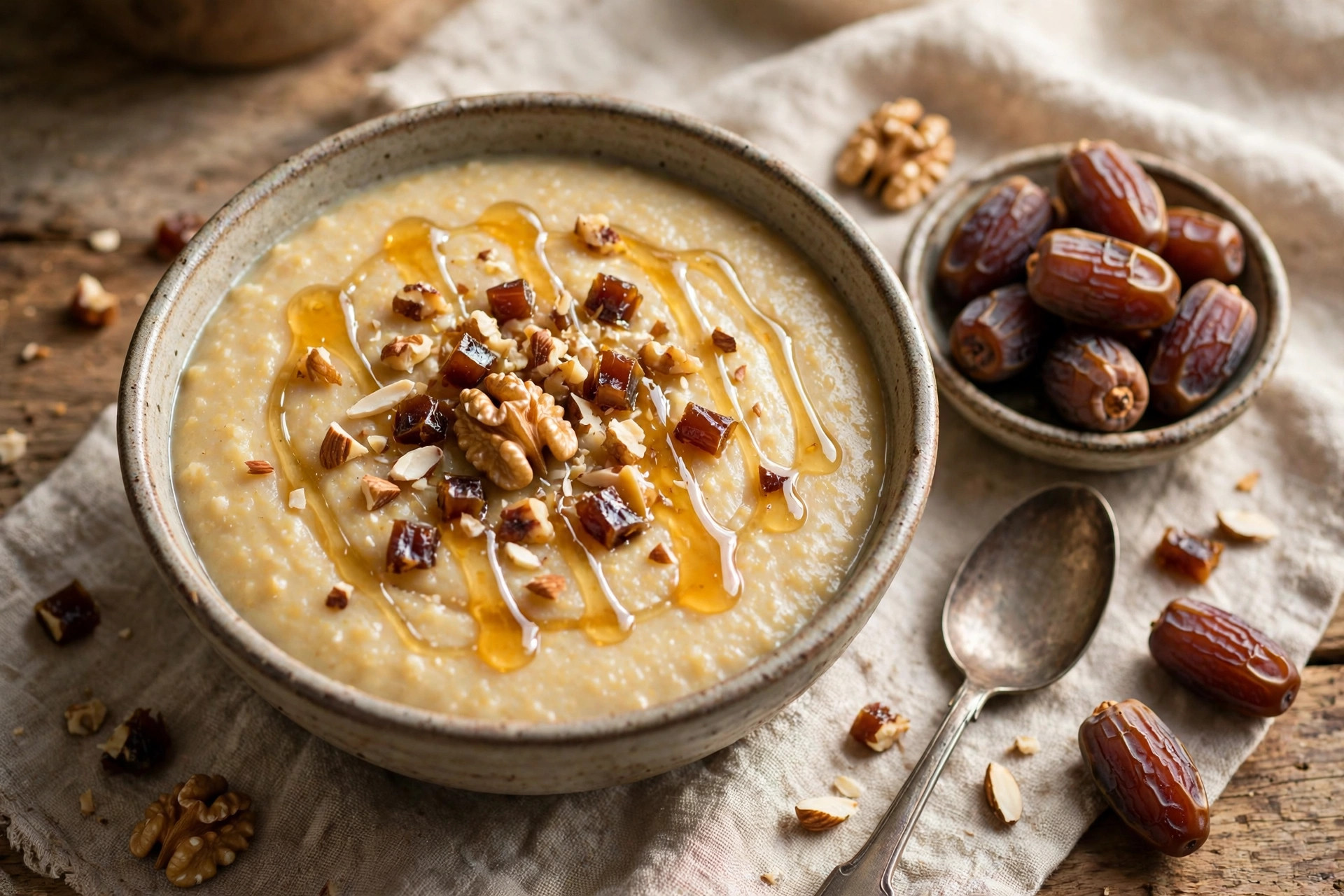 A rustic bowl of talbina — creamy barley porridge topped with chopped dates, walnuts and pistachios and a drizzle of honey — with a small bowl of whole dates beside it.